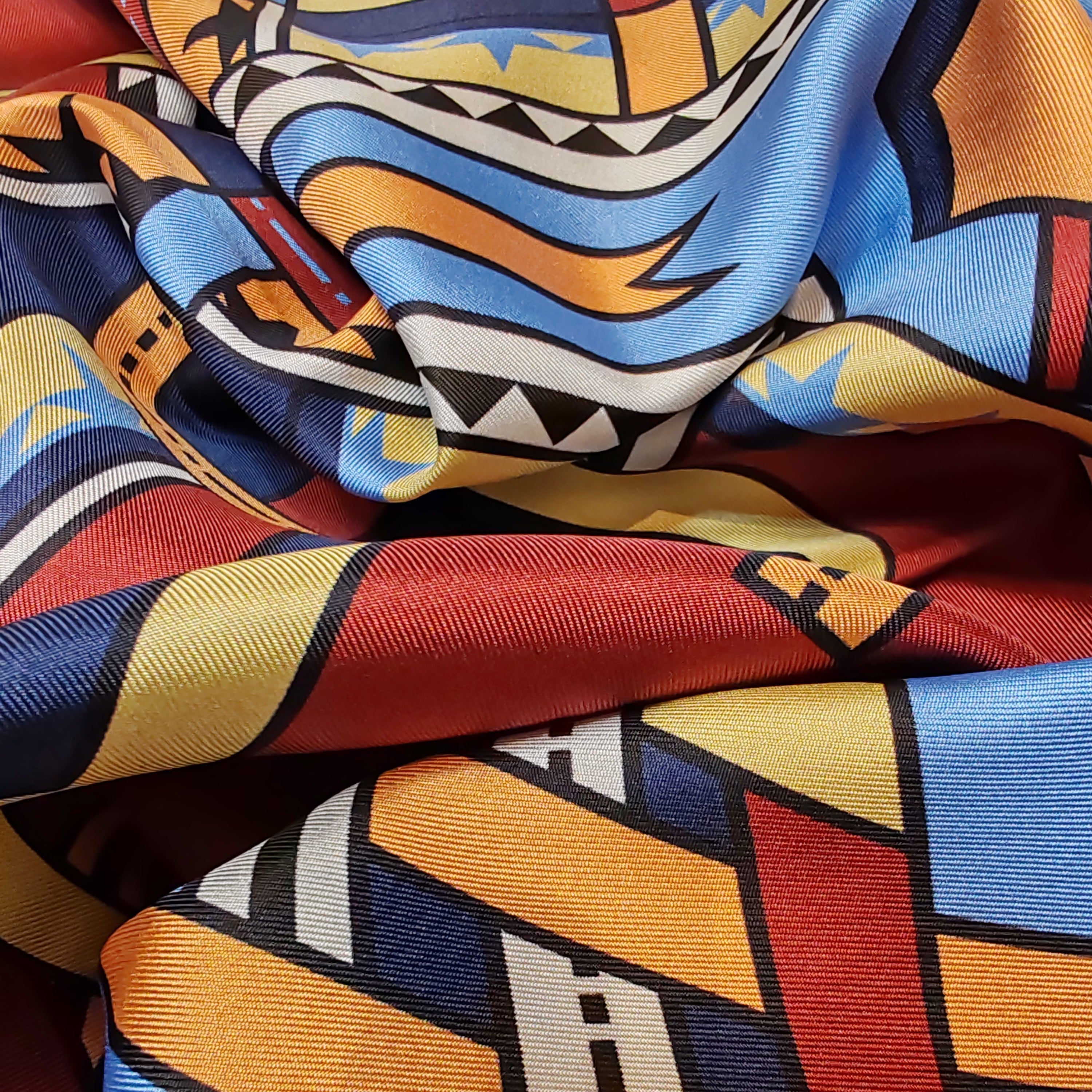 Foulard carré in silk - I nastri danzanti - blu e terracotta