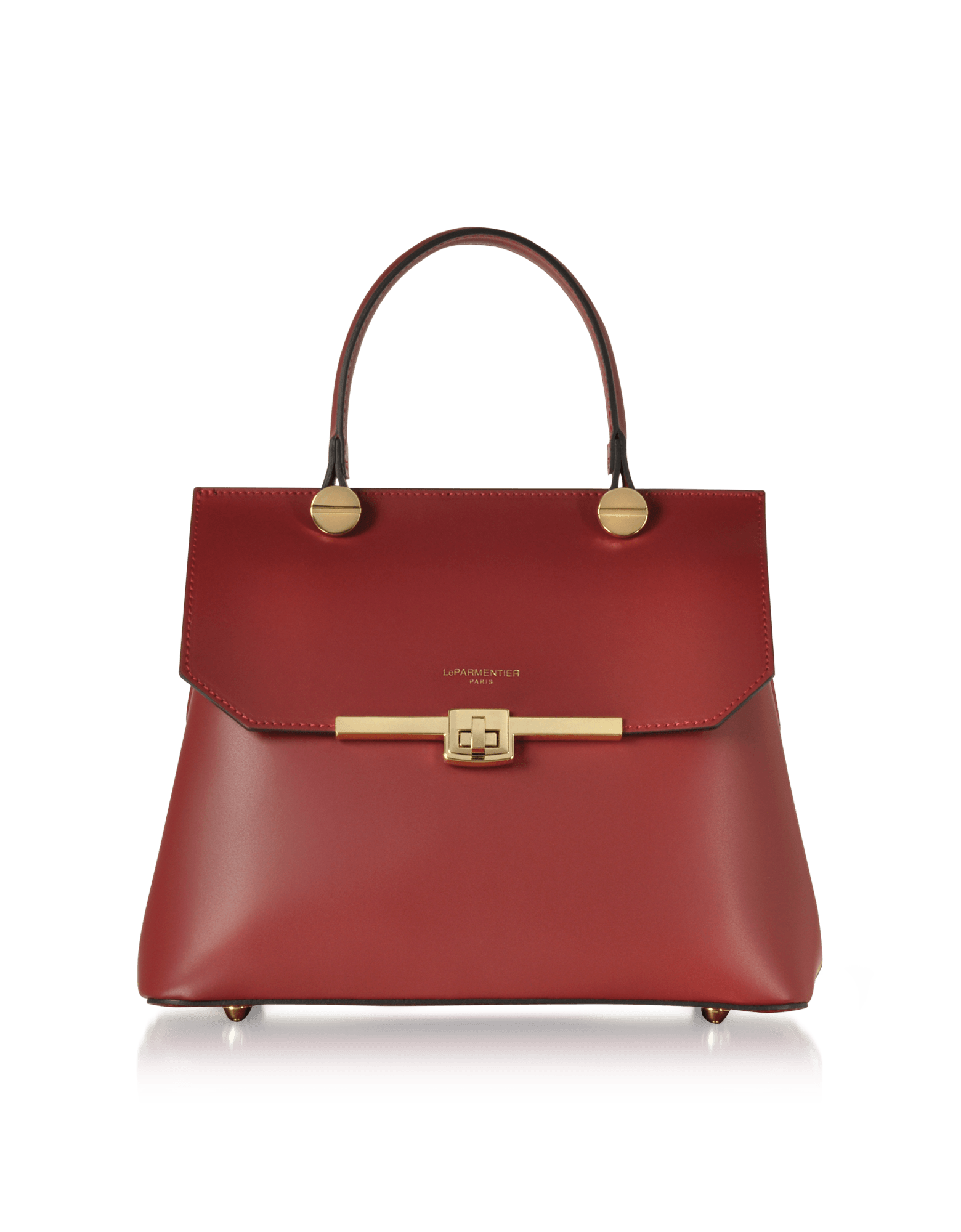 Atlanta Top Handle Satchel Bag w/Shoulder Strap in Burgundy by LePARMENTIER Paris, gold tone hardware, handmade in Italy from Italian calf leather, white background, front view