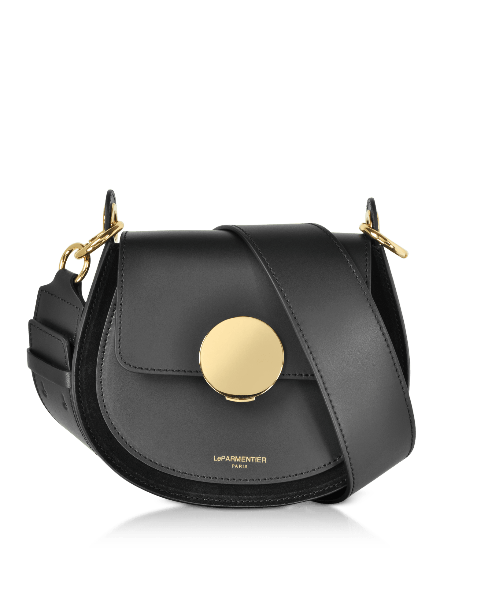 Yucca Suede and Leather Shoulder Bag in Black by LePARMENTIER Paris, circular push-button clasp, handmade in Italy from Italian calf leather, white background, front view