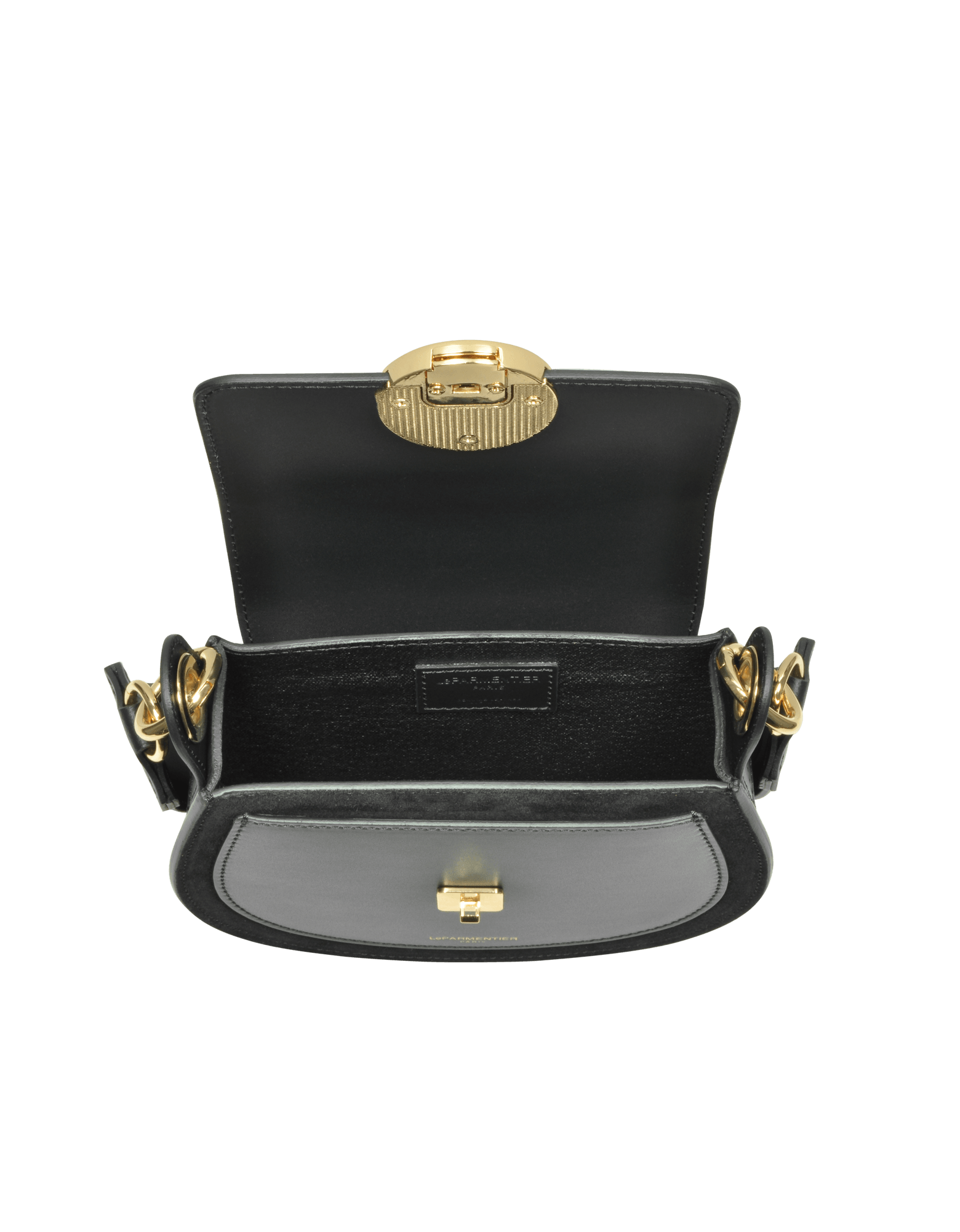Yucca Suede and Leather Shoulder Bag in Black by LePARMENTIER Paris, with visible brand logo on a white background, interior view of the bag