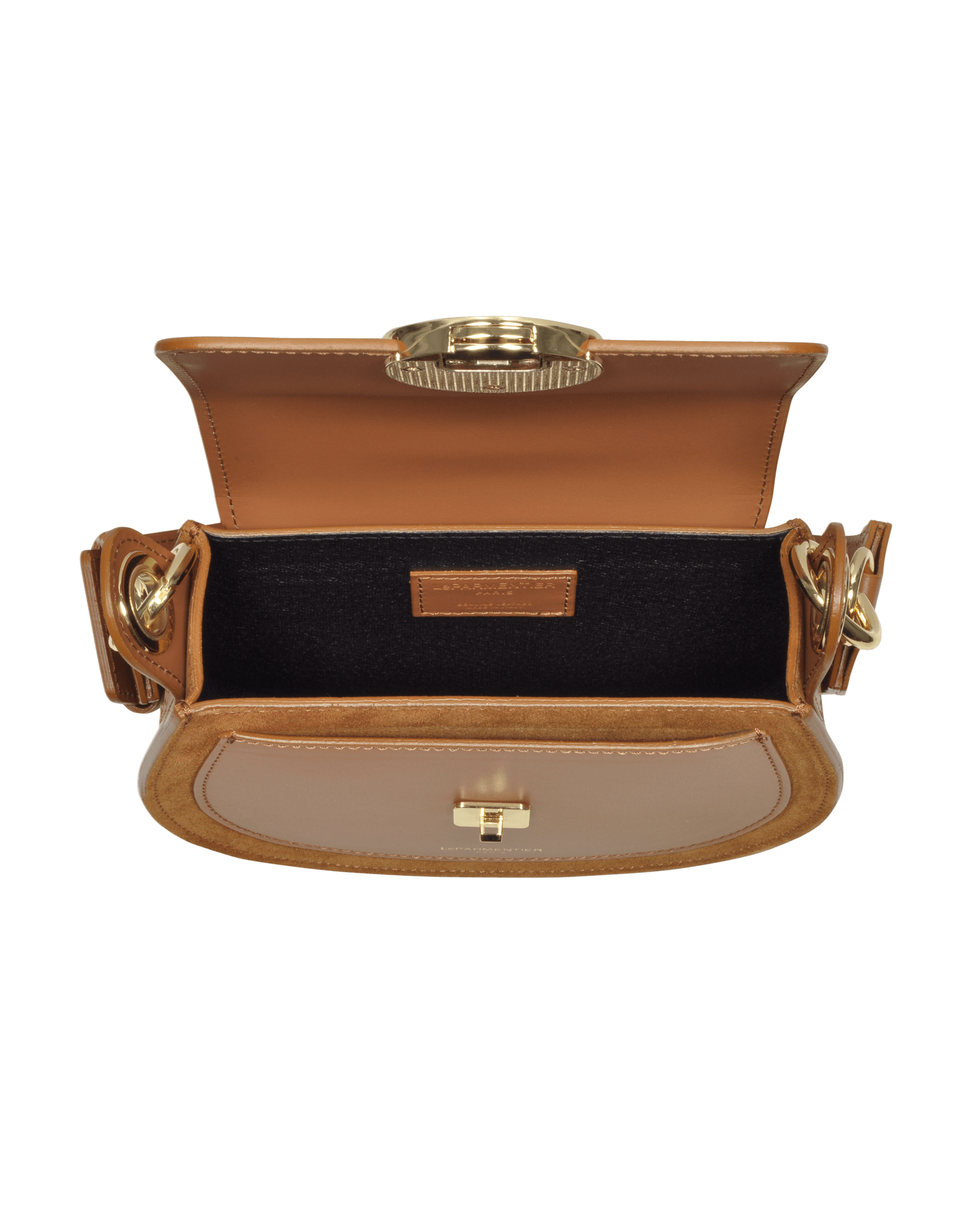 Yucca Suede and Leather Shoulder Bag in Cognac by LePARMENTIER Paris, with visible brand logo on a white background, interior view of the bag
