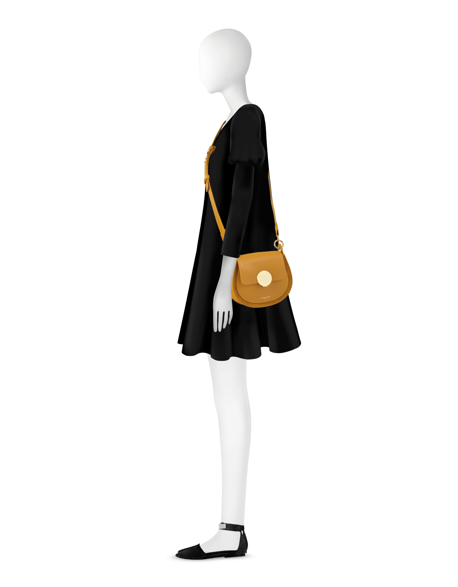 Yucca Suede and Leather Shoulder Bag in Mustard color by LePARMENTIER Paris, white background, shown on mannequin, adjustable strap styling