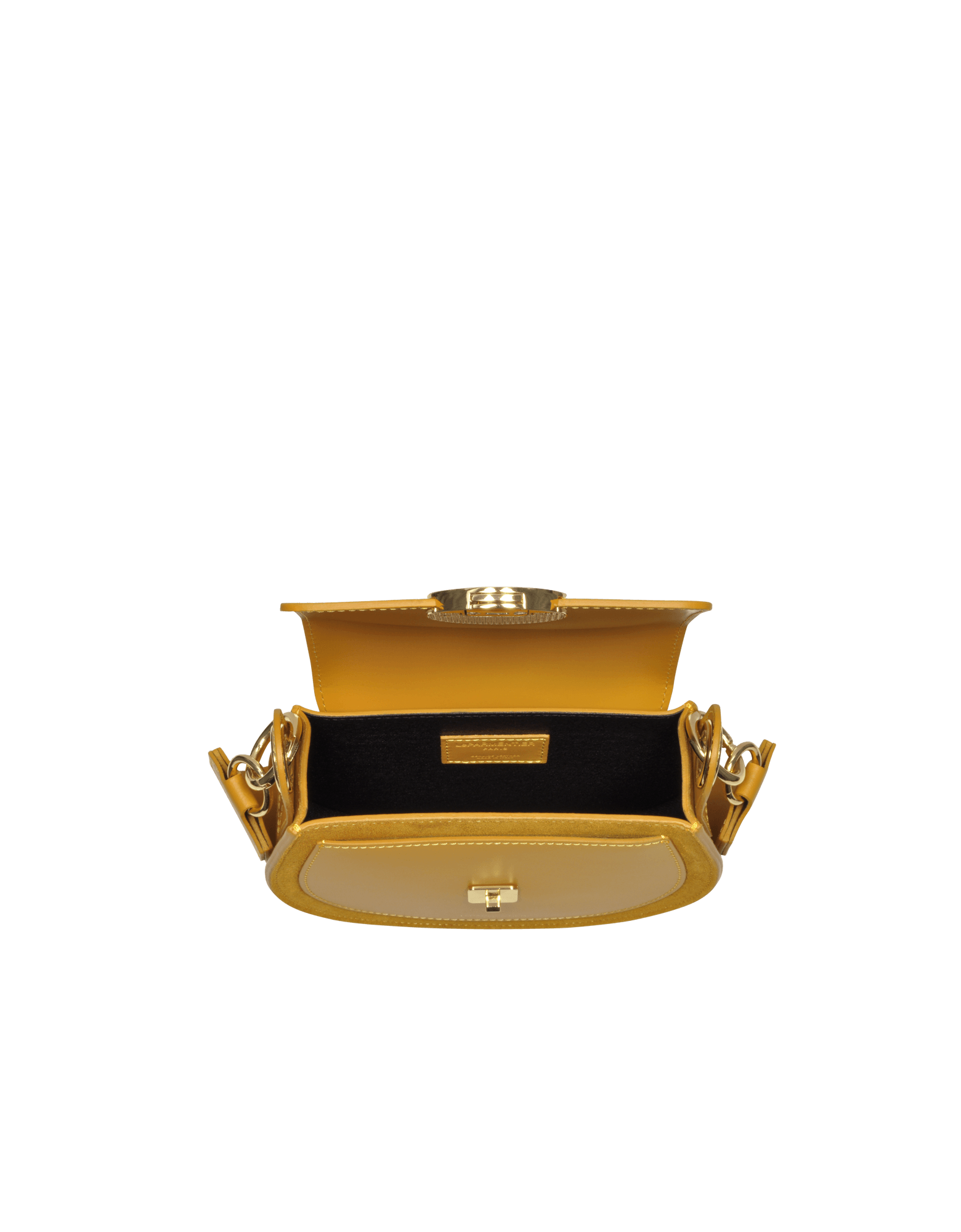 Yucca Suede and Leather Shoulder Bag in Mustard color by LePARMENTIER Paris, with visible brand logo on a white background, interior view of the bag