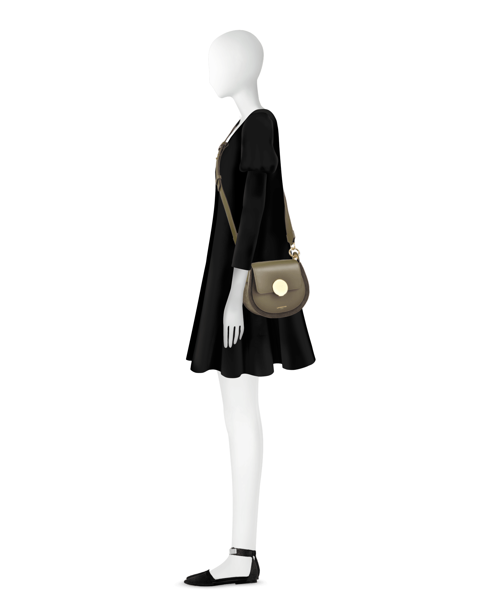 Yucca Suede and Leather Shoulder Bag in Military Green by LePARMENTIER Paris, white background, shown on mannequin, adjustable strap styling