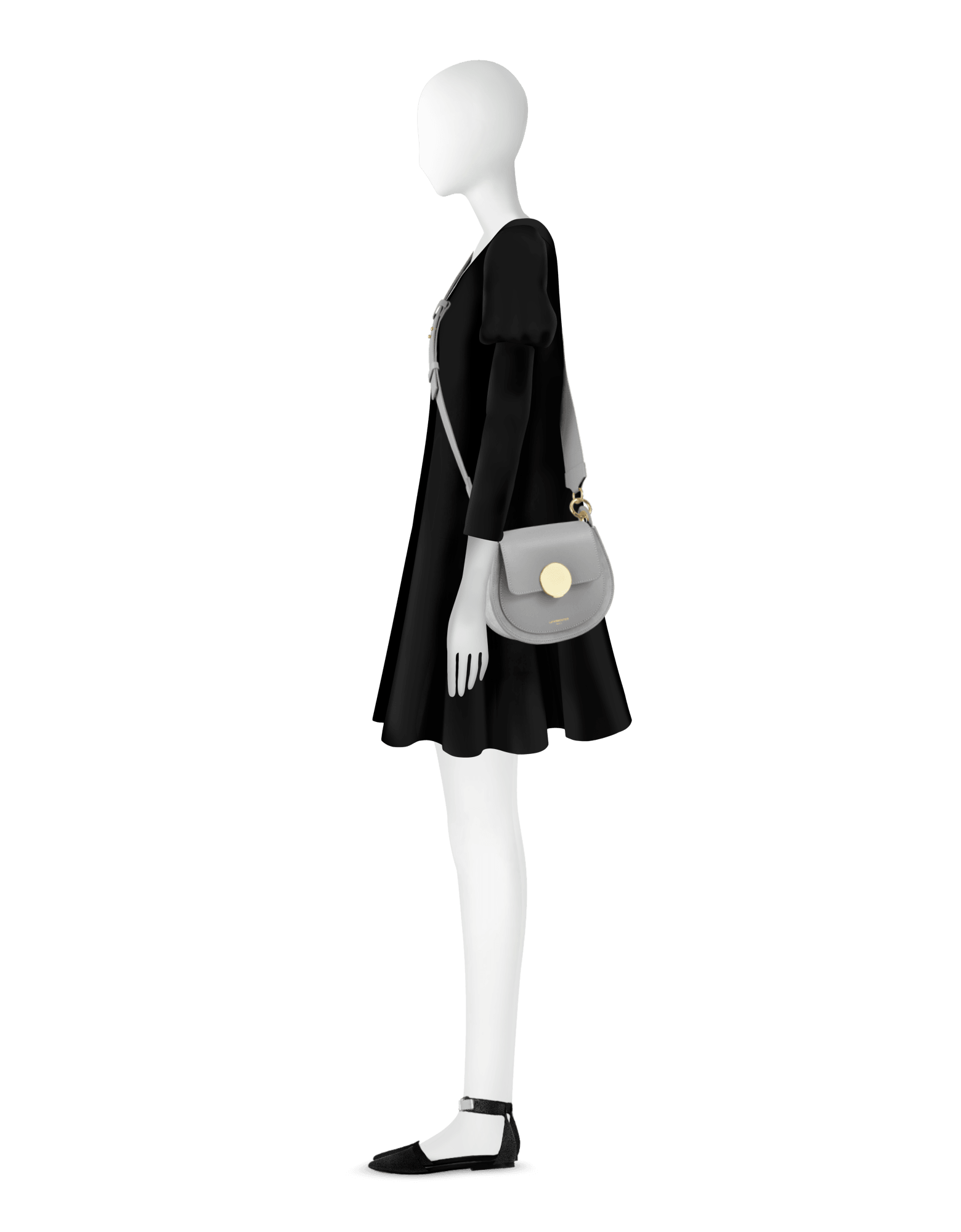 Yucca Suede and Leather Shoulder Bag in Gray by LePARMENTIER Paris, white background, shown on mannequin, adjustable strap styling