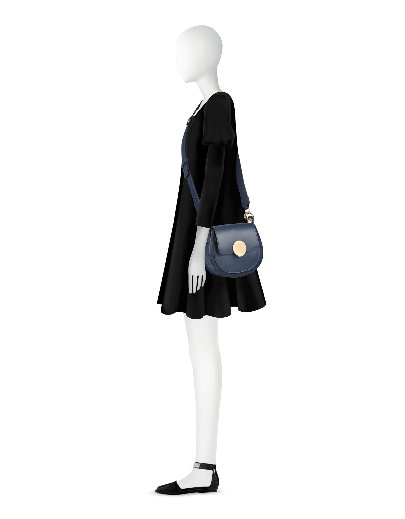 Yucca Suede and Leather Shoulder Bag in Denim color by LePARMENTIER Paris, white background, shown on mannequin, adjustable strap styling