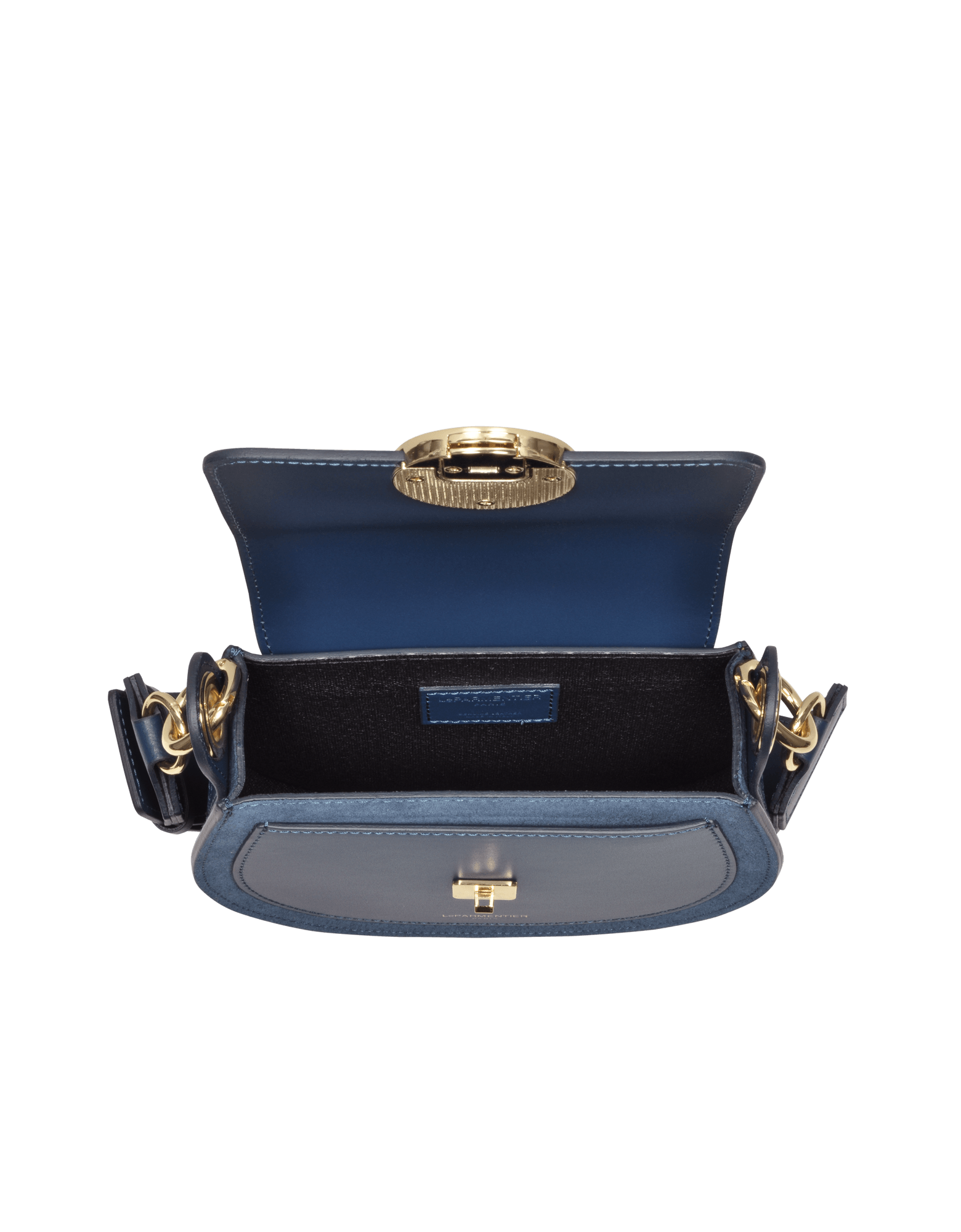 Yucca Suede and Leather Shoulder Bag in Denim color by LePARMENTIER Paris, with visible brand logo on a white background, interior view of the bag