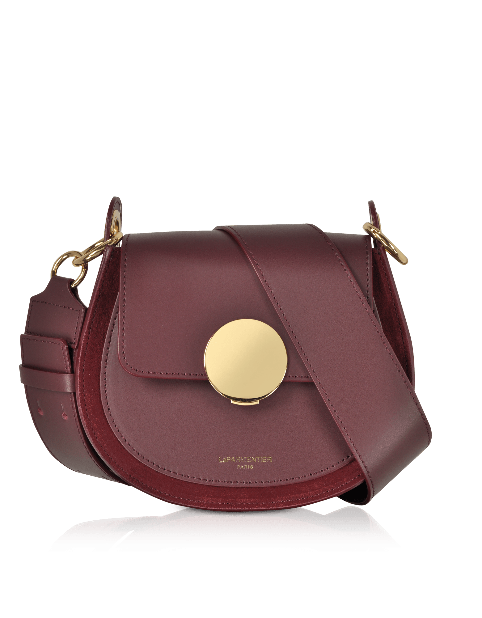 Yucca Suede and Leather Shoulder Bag in Dark Cherry by LePARMENTIER Paris, circular push-button clasp, handmade in Italy from Italian calf leather, white background, front view