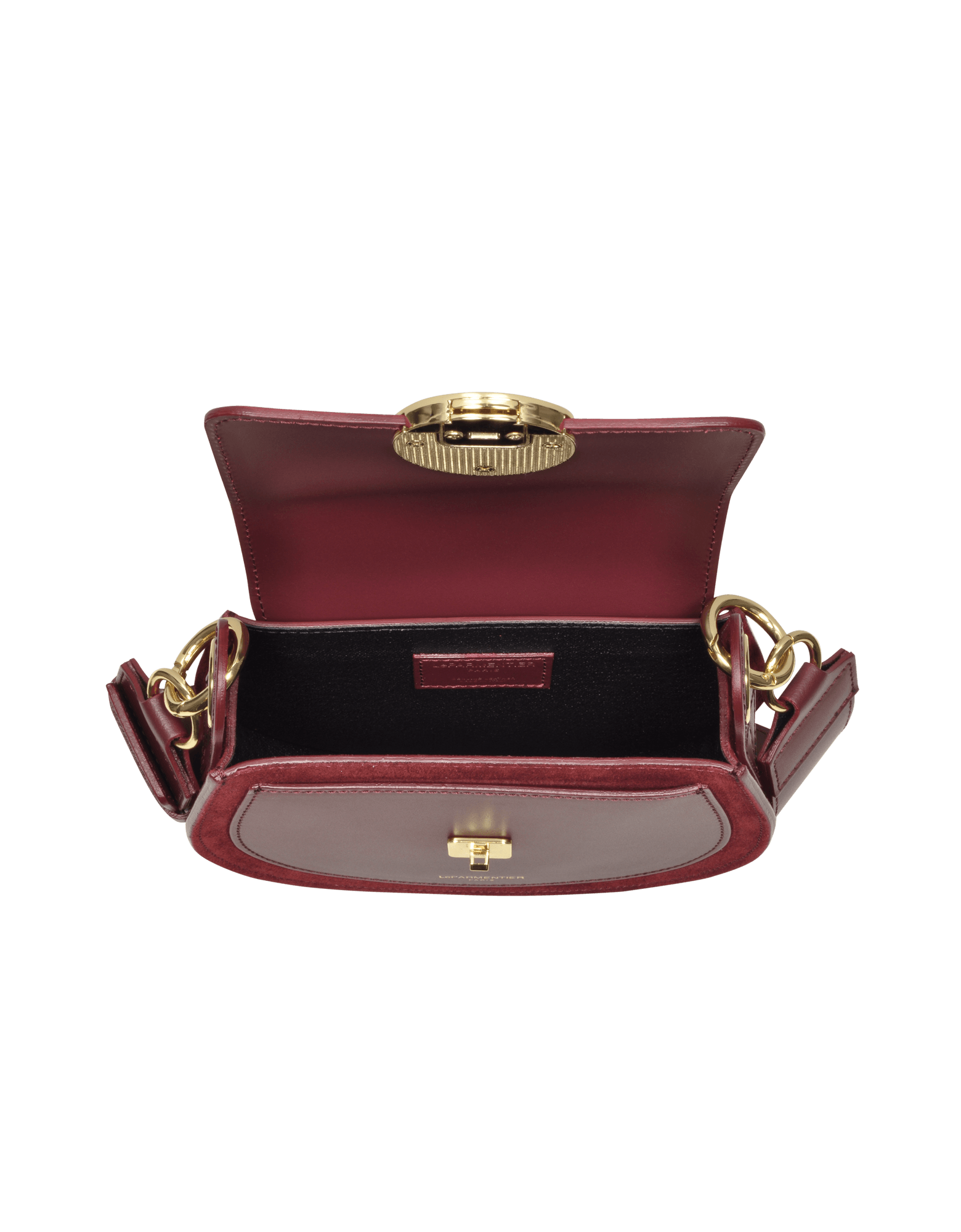 Yucca Suede and Leather Shoulder Bag in Dark Cherry by LePARMENTIER Paris, with visible brand logo on a white background, interior view of the bag