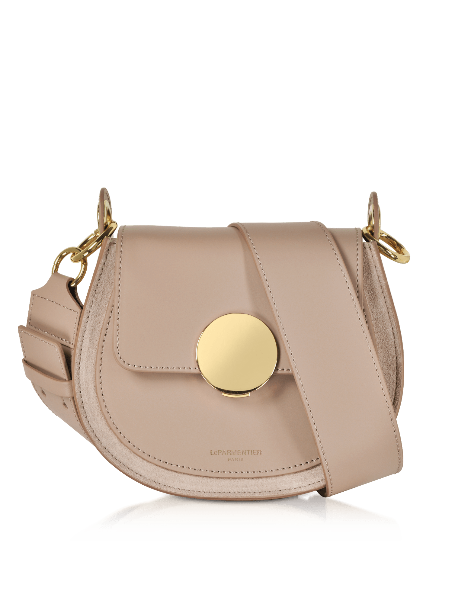 Yucca Suede and Leather Shoulder Bag in Nude by LePARMENTIER Paris, circular push-button clasp, handmade in Italy from Italian calf leather, white background, front view