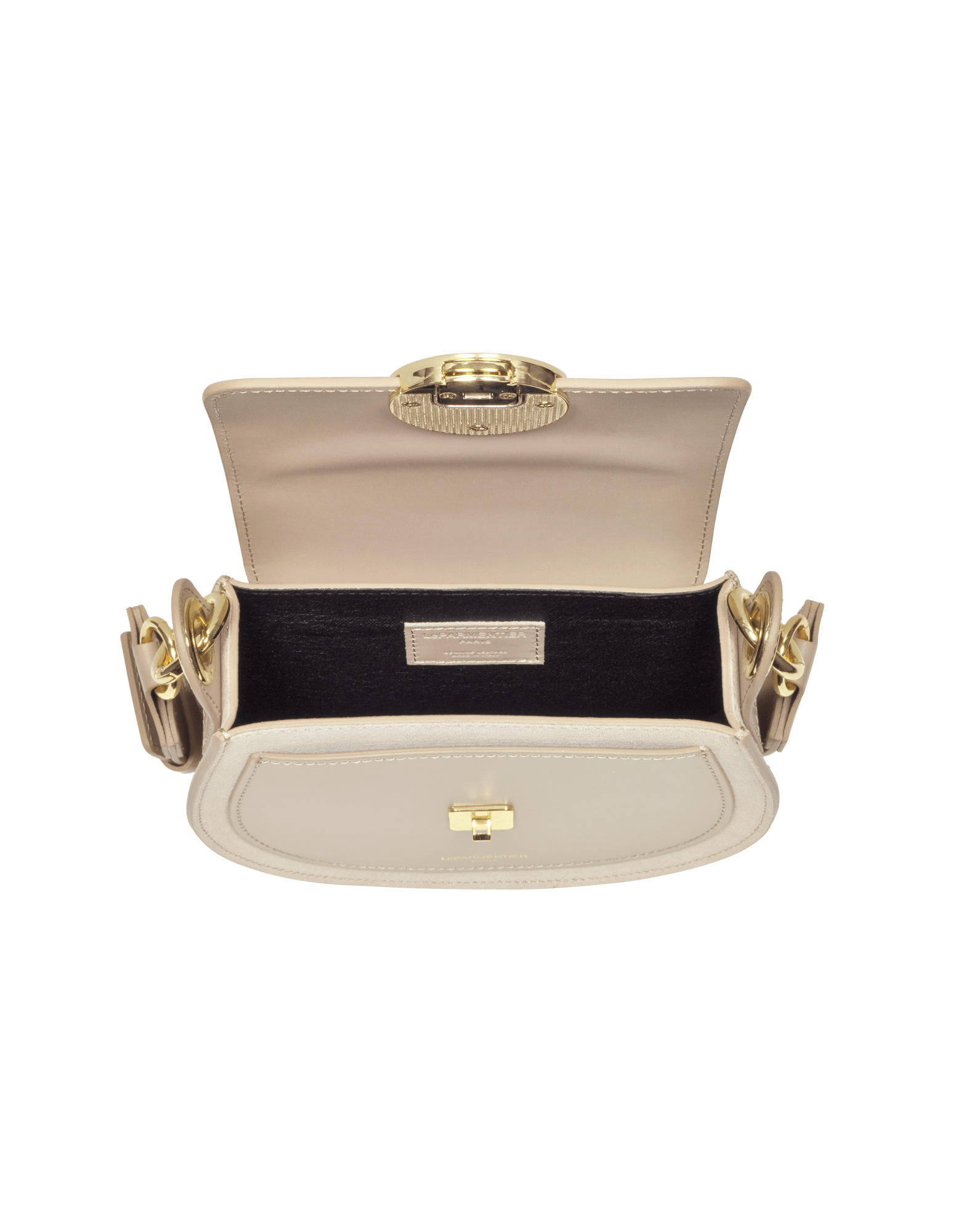 Yucca Suede and Leather Shoulder Bag in Nude by LePARMENTIER Paris, with visible brand logo on a white background, interior view of the bag