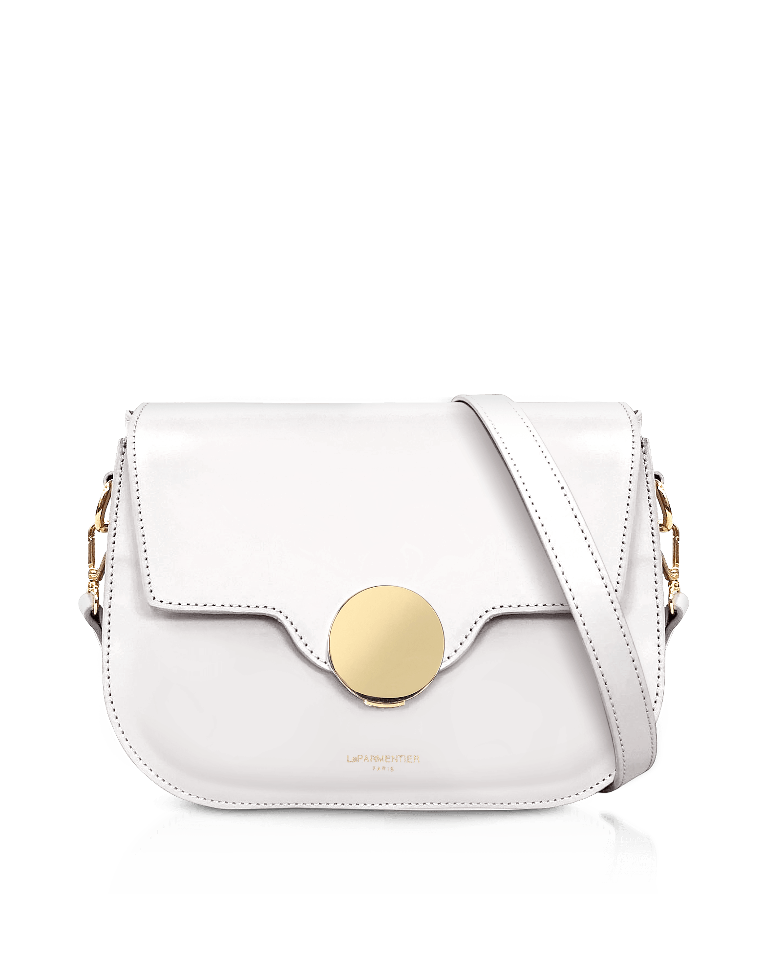 San Pedro Leather Shoulder Bag in White by LePARMENTIER Paris, with a round snap closure and an adjustable shoulder strap, gold-tone hardware, handmade in Italy from Italian calf leather, white background, front view