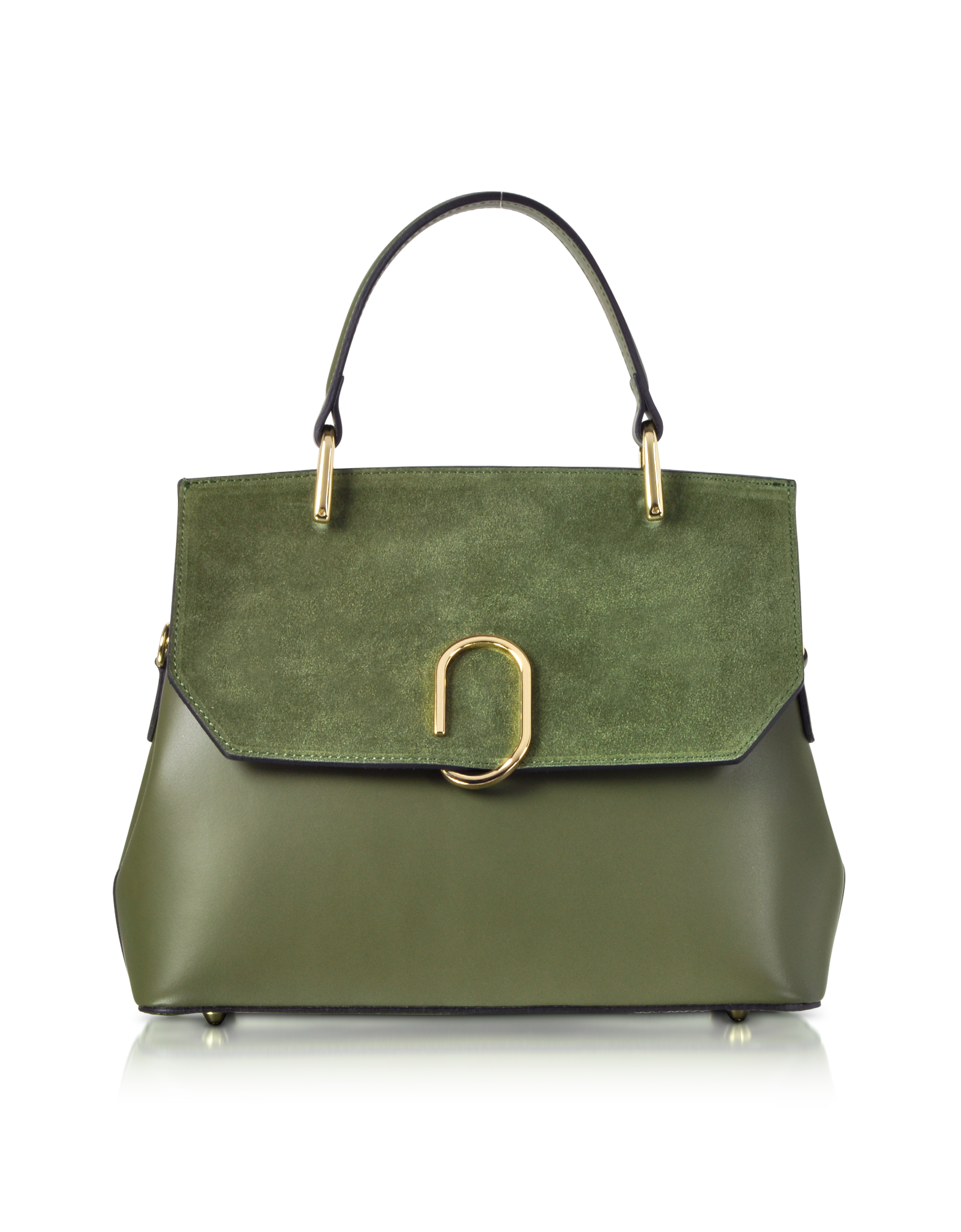 Thais Suede and Leather Satchel Bag in Green by LePARMENTIER Paris, flap top with a magnetic snap closure, single top handle, gold tone hardware, handmade in Italy from Italian calf leather, white background, front view