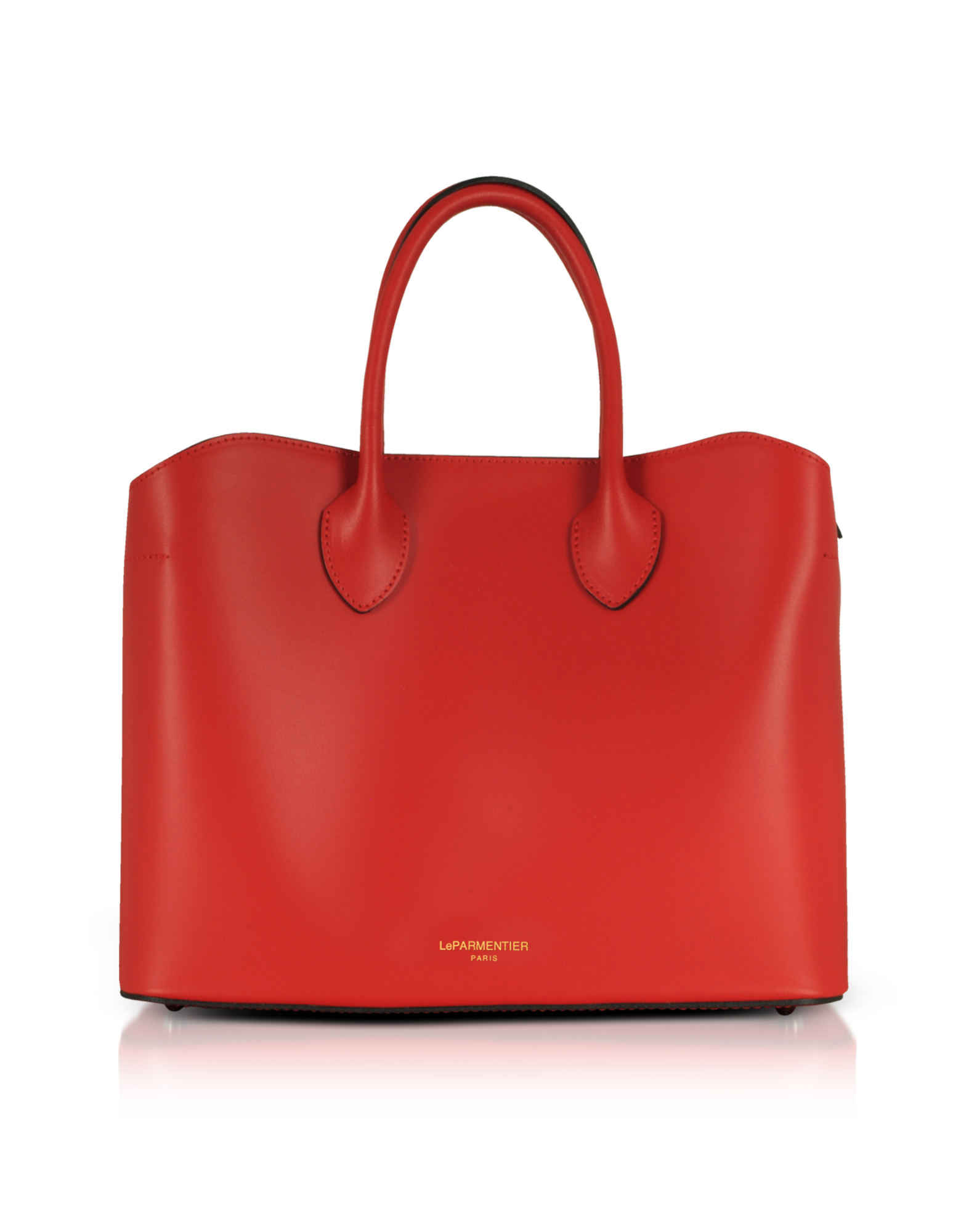 Jackie Leather Tote Bag in Red Dragon by LePARMENTIER Paris, with double rolled handles and gunmetal hardware, handmade in Italy from Italian calf leather, white background, front view