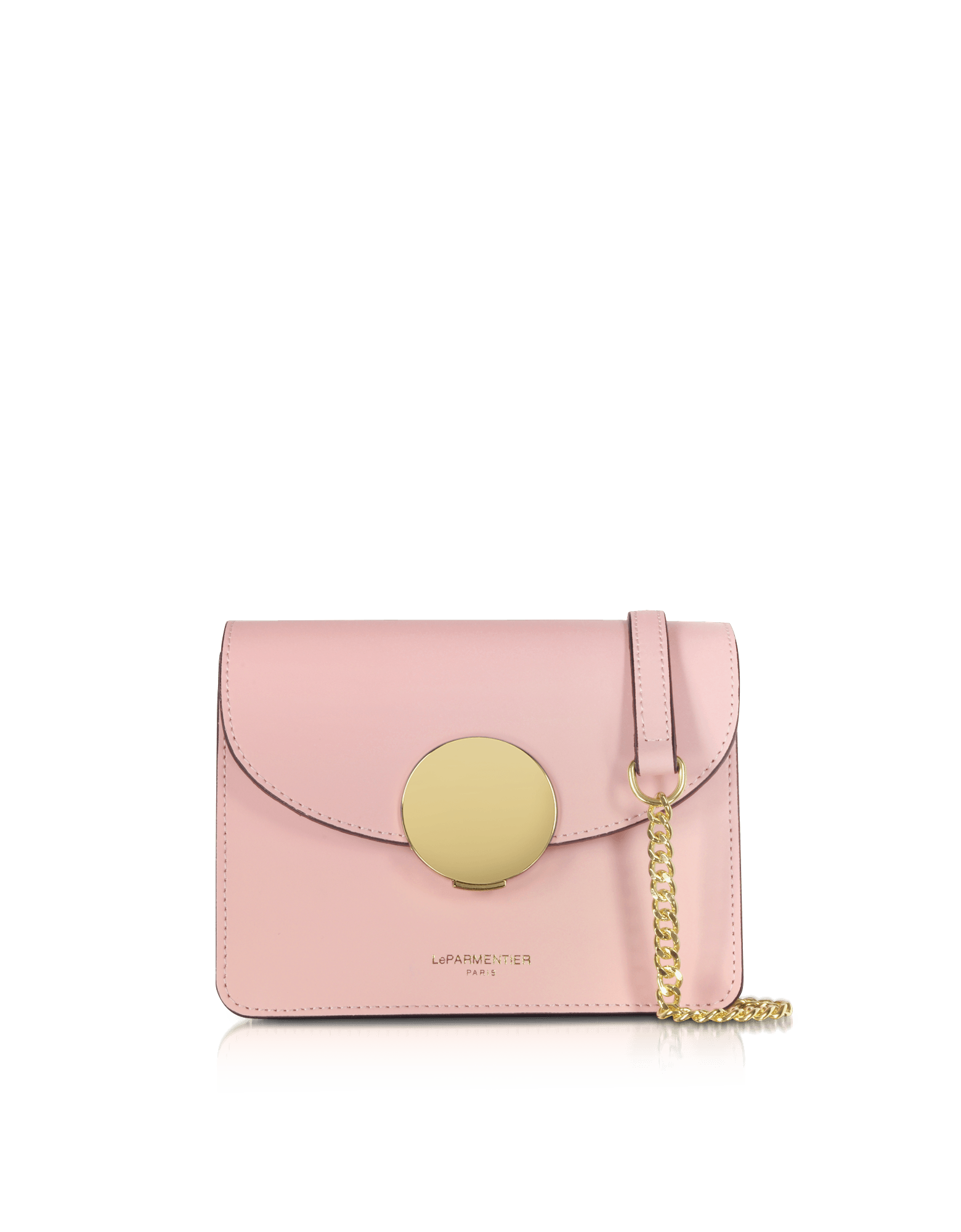New Ondina Mini Shoulder Bag in Candy Pink by LePARMENTIER Paris, with a gold tone circular push lock closure and a chain shoulder strap, handmade in Italy from Italian calf leather, white background, front view