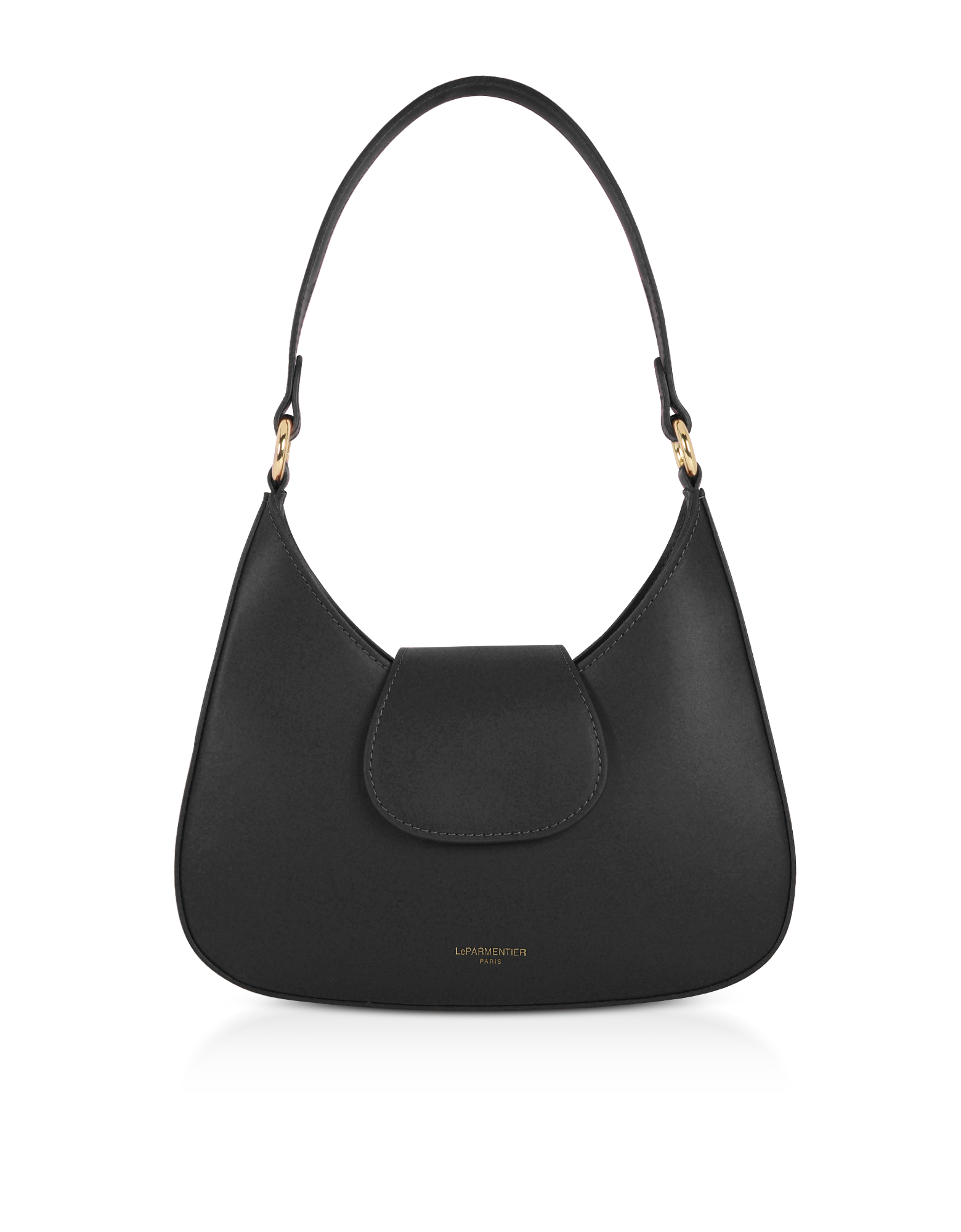 Obolo Leather Shoulder Bag in Black by LePARMENTIER Paris, with a single top handle and gold tone hardware, handmade in Italy from Italian calf leather, white background, front view