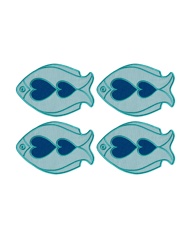 Octaevo Fish Splash Coasters (Set of 4): Blue fish-shaped placemats with heart designs and matching embroidered coasters.