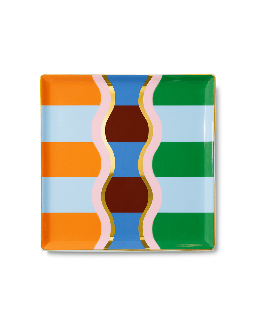 The Giza Ceramic Tray by OCTAEVO features wavy gold, pink, and brown lines—an Egyptian-inspired stylish gift.