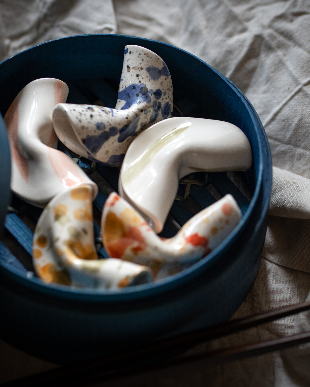 Handmade ceramic chopstick holder - fortune cookie - Ouimiel Ceramics