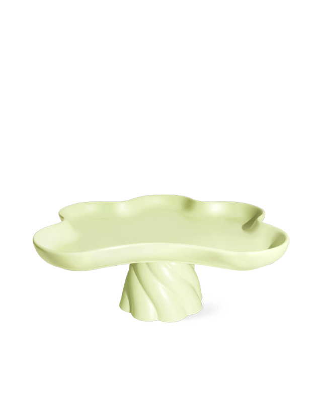Octaevo Templo High Tray: light mint, flower-shaped centerpiece with a twisted pedestal base, shown on white.